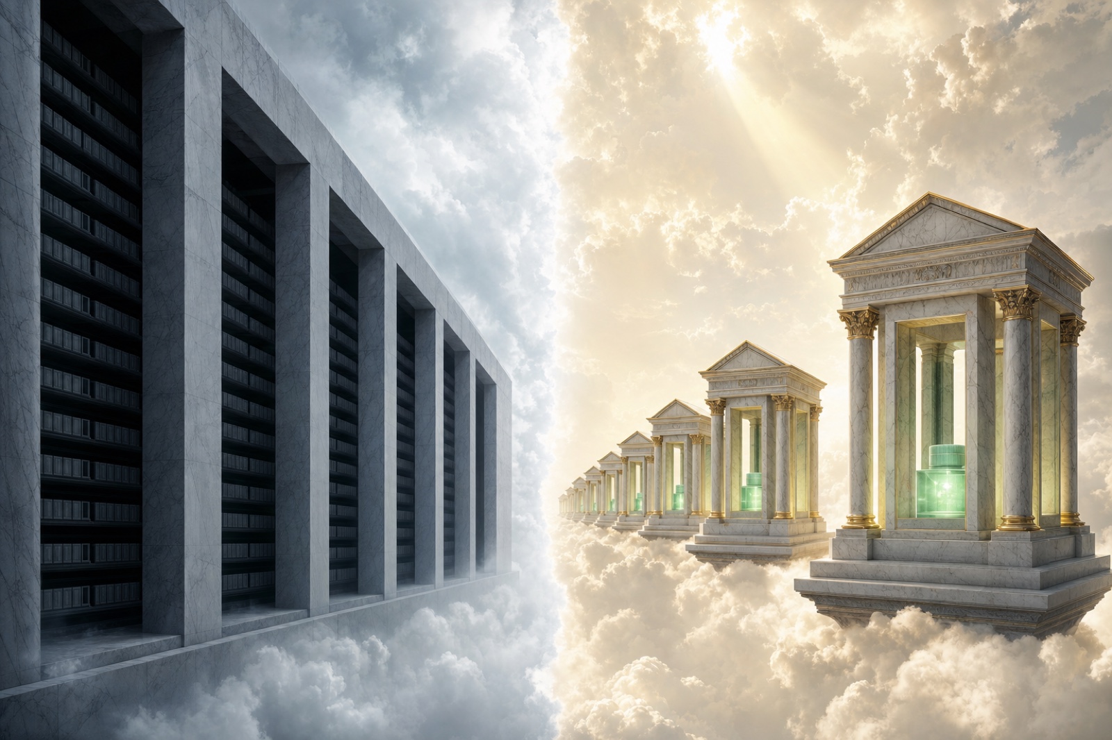 Two architectures compared: the purpose-built accelerator hall and the federation of complete nodes.