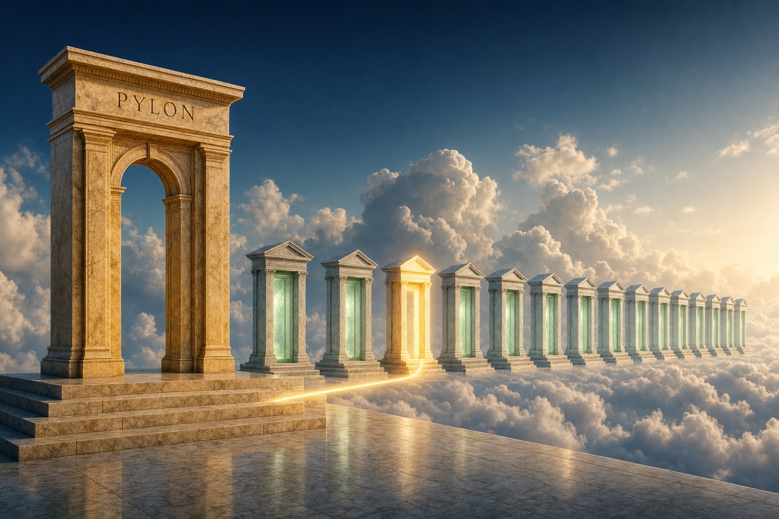 The federation: one Pylon gateway routing to a colonnade of complete Mac nodes.