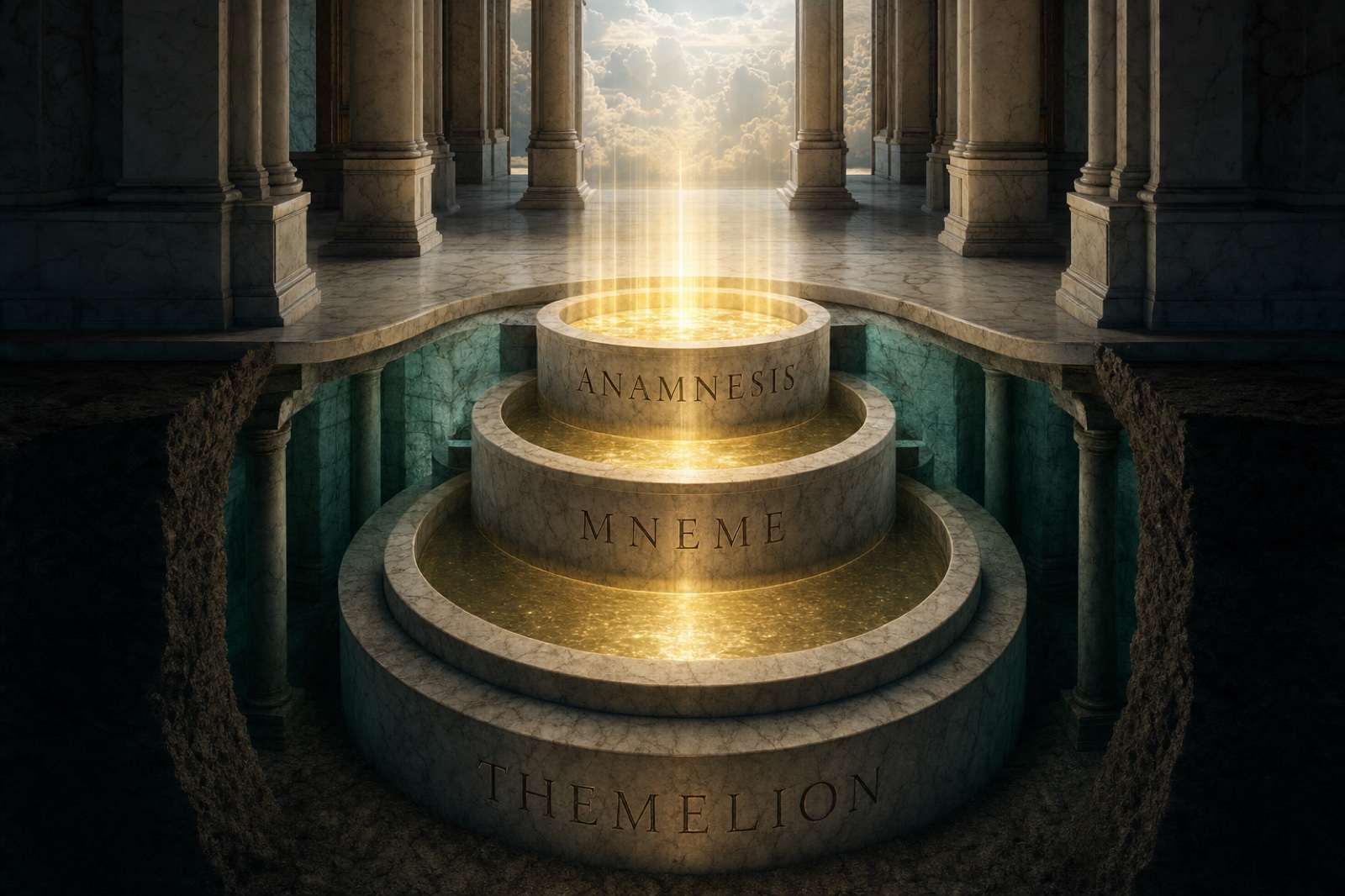 The cache tier: Themelion, Mneme and Anamnesis rendered as a classical cistern.