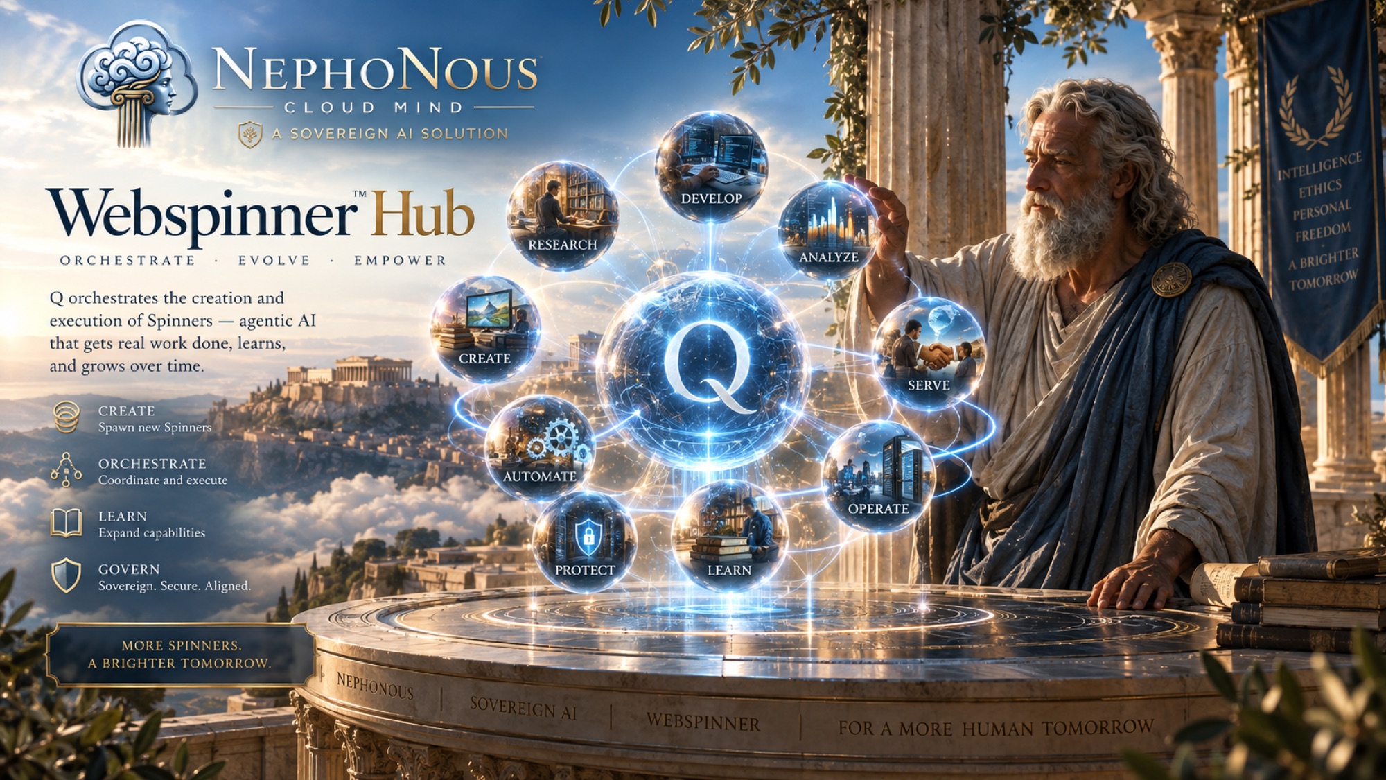Webspinner Hub — Q at the center, orchestrating Spinners for research, development, analysis, service, operations, learning, protection, automation and creation