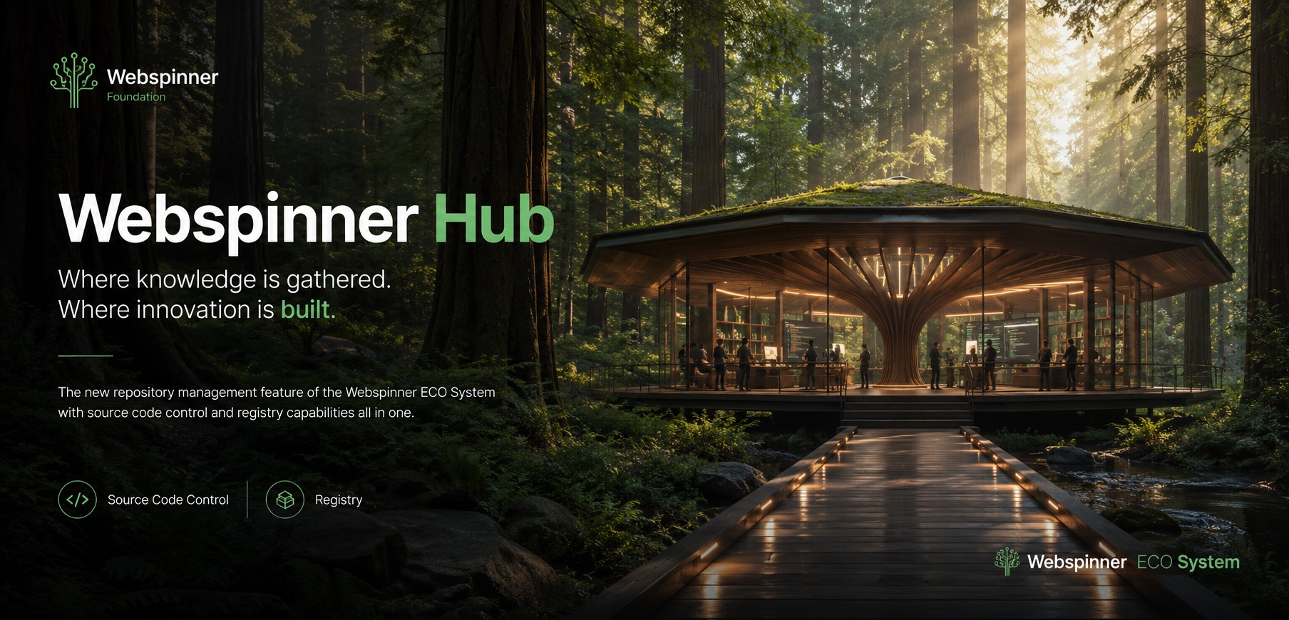 The Webspinner Hub — a timber pavilion in old-growth forest reached by a lit boardwalk, where knowledge is gathered and innovation is built
